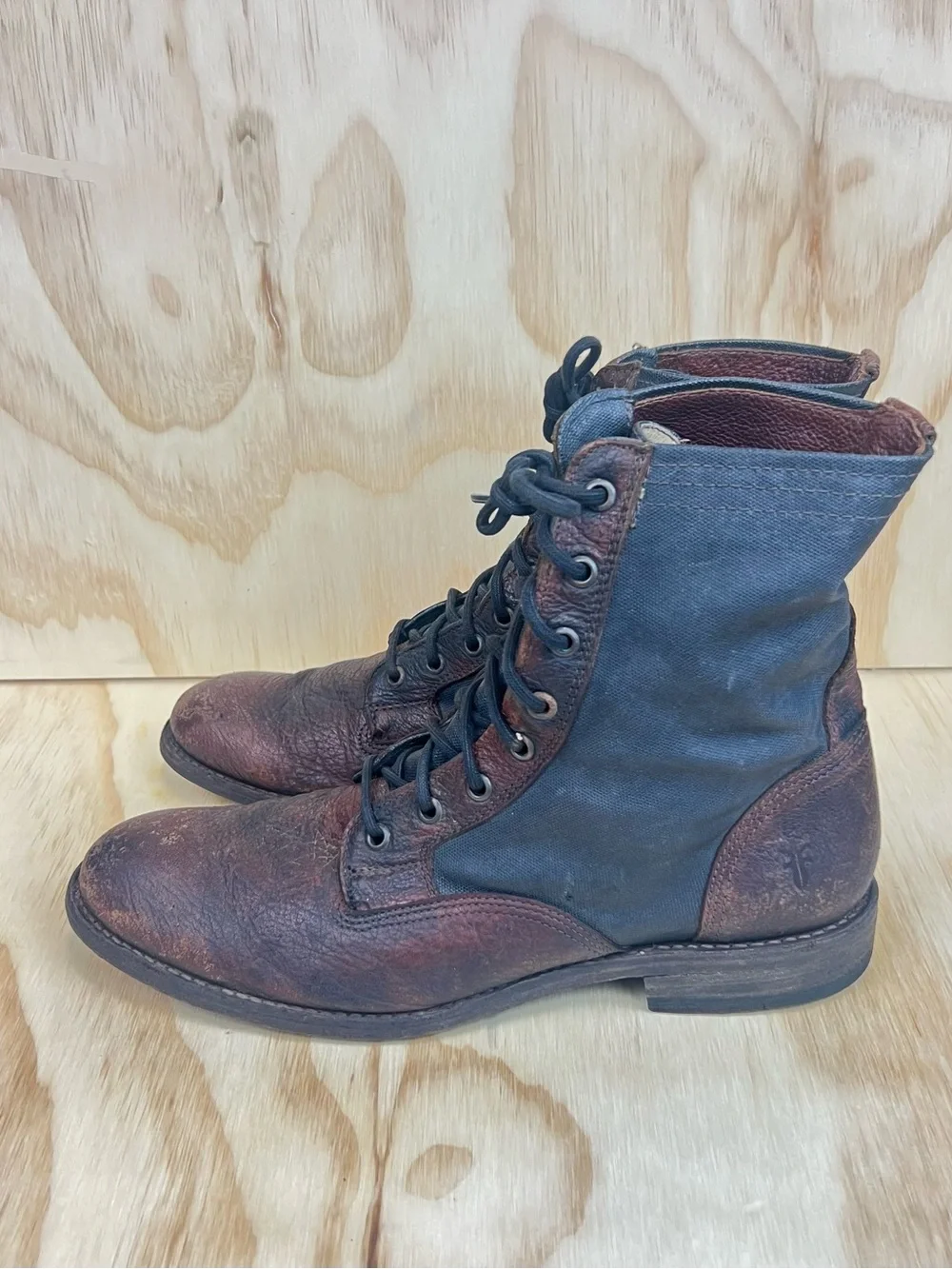 Frye Brown and Black Leather and Canvas Lace-Up Combat Boots